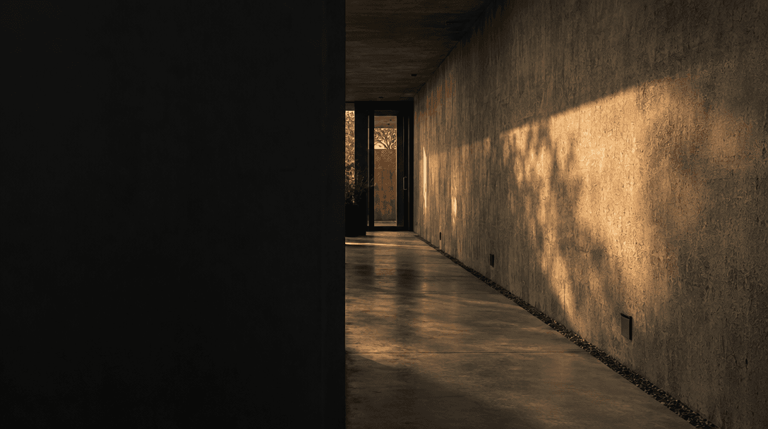 Corredor comercial con una puerta enmarcada por muros de concreto y luz cálida